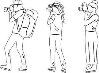 people taking pictures sketch, outline on white background, vector
