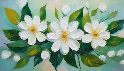 Obraz premium Abstract oil painting of white flowers. Floral art. Beautiful nature. Hand drawn