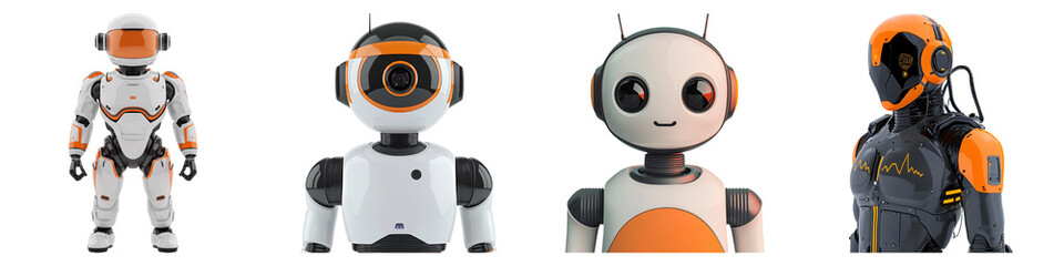 The image features four distinct robot designs, showcasing various themes including space, friendliness, and sci-fi adventure.