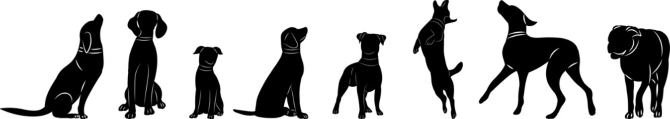 dogs of different breeds play silhouette on white background, vector