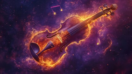 Fototapeta premium A burning violin with flames that spiral and form musical notes in the air