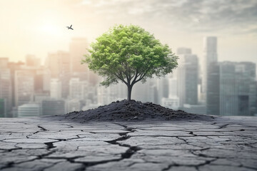 An isolated tree in the foreground. In the background a devastated and destroyed city.