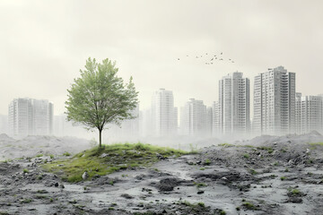 An isolated tree in the foreground. In the background a devastated and destroyed city.
