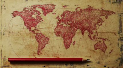 Illustration of a world map sketched in red ink on a school-style paper globe, showcasing detailed continents and oceans