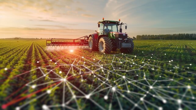 Data-driven farming in action, with smart tractors and real-time data analysis for crop management