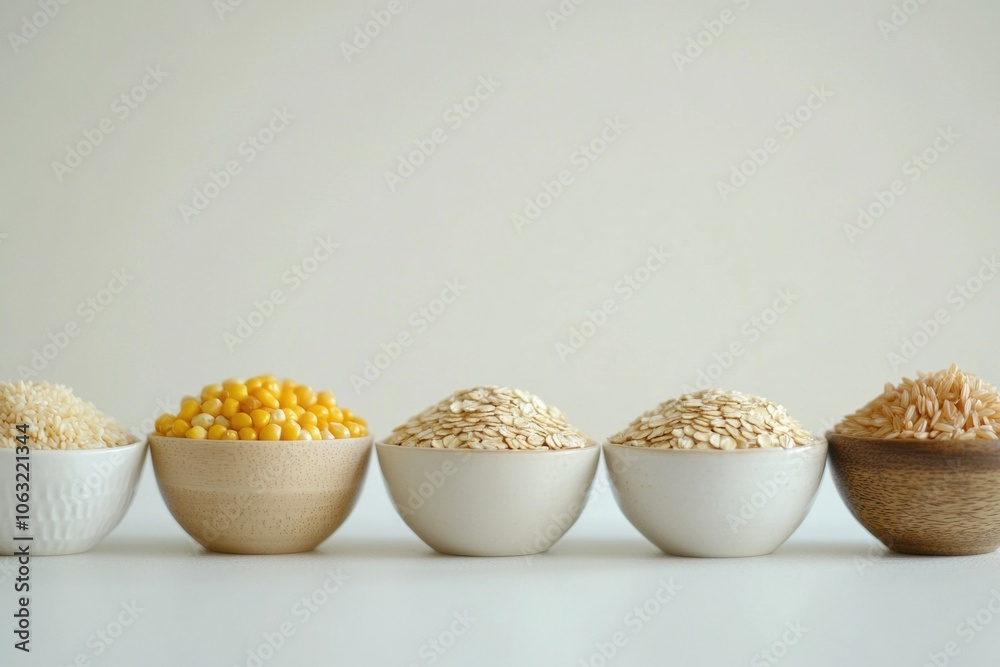 Poster A display of different grains like oats, rice, and corn arranged in attractive bowls on a simple white background. Generative AI
