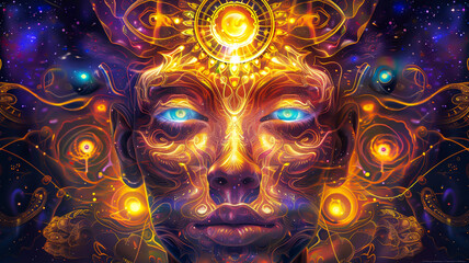 Figure with sparkling blue eyes. including golden symbols, purple nebulas, red and yellow halos, and golden strands that could resemble hair or rays of light, creating a cosmic and spiritual 