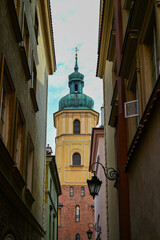 Church with church tower in summer in the historic centre of the Polish capital Warsaw, Warszawa,...