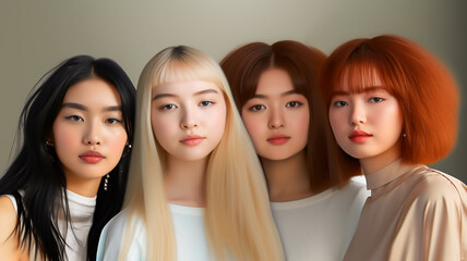 Women in high-neck shirts, diverse in skin tones and hair colors, against a dark gray background.