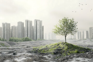 An isolated tree in the foreground. In the background a devastated and destroyed city.