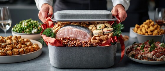 Fototapeta premium A beautifully arranged holiday feast with a centerpiece of ham, surrounded by various festive treats and garnishes, presented in an elegant container.