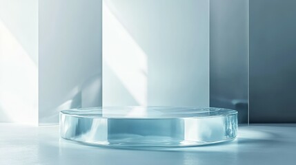Display podium, product background of glass crystal, 3d stand. Product presentation display or crystal glass pedestal, luxury light transparent podium platform