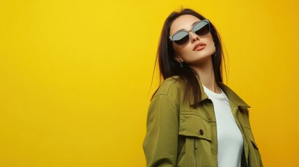 Beautiful woman in stylish green jacket on yellow background, space for text