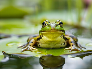 Obraz premium Green frog resting on a vibrant lily pad in a natural pond, calm and peaceful.