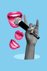 Vertical photo collage of faceless female mouth sing microphone concert performance karaoke rock...