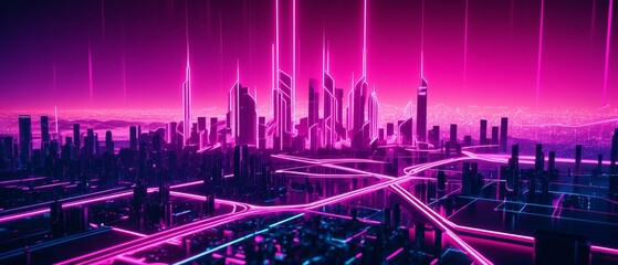 Futuristic neon cityscape with glowing skyscrapers and complex digital network
