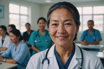 Fototapeta premium Close portrait of a smiling senior Kyrgyz woman doctor looking at the camera, Kyrgyz hospital blurred background