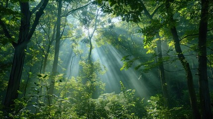 Obraz premium Bright morning light streaming through a forest, symbolizing the promise of a new day