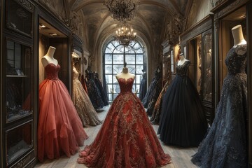 Naklejka premium A luxury fashion atelier with intricate haute couture gowns in rich fabrics. Generative AI