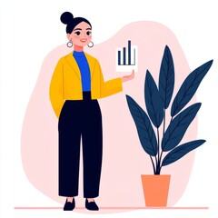A woman in a yellow jacket presents a graph beside a plant.