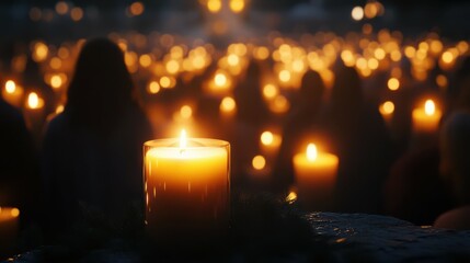 candlelight vigil with christian community praying at night soft lighting spiritual scene