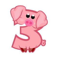 Cartoon number 3 like pink pig, figure Three. Cartoon of number with a animal concept. Calligraphy, lettering, typography for your Education cards or game