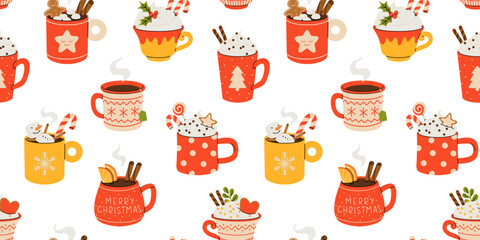 Christmas and Happy New Year seamless pattern. Mugs of cacao with whipped cream, marshmallow and candy cane. Greeting card for Xmas, New year or winter holidays. Vector design template.