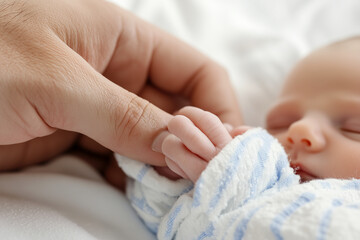 A baby is sleeping with a hand on its face
