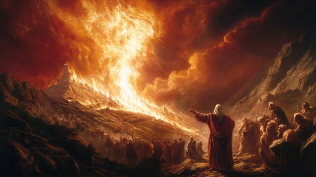 dramatic scene of Elijah confronting the prophets of Baal on Mount Carmel, where fire from heaven shows God's supremacy,