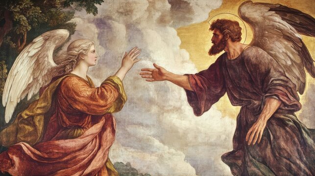 dramatic portrayal of the angel Gabriel announcing to Zechariah that his wife Elizabeth will bear John the Baptist, showing the fulfillment of prophecy,
