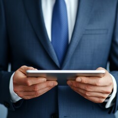 A businessman in a suit holding a tablet, focused on digital content.
