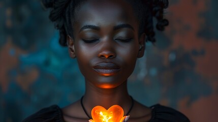 Young woman with closed eyes holding a glowing heart.