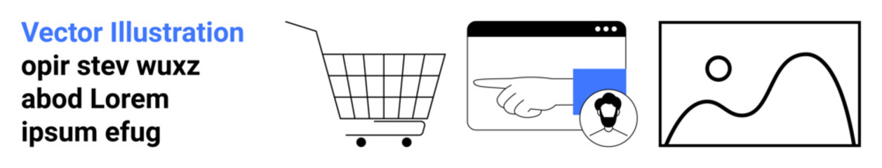 Shopping cart, user selection window with pointing hand and avatar, and image display icon. Ideal for e-commerce websites, online shopping, digital marketing, user interface design, product displays