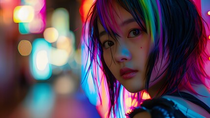 Fototapeta premium A young Asian girl with colorful streaks in her hair, dressed in edgy fashion with neon lights in the background 