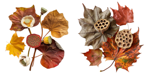 collection Set of A lotus seed and fall leaves, natural textures and colors, autumn floral arrangement, on a transparent background cutout,
