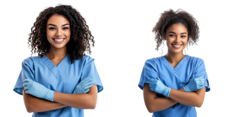 set of Portrait of a beautiful young female nurse wearing blue scrubs, with curly hair and gloves, on a transparent background