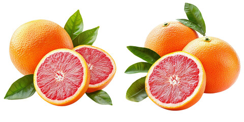Obraz premium set of A whole and sliced red orange with leaves on a transparent background