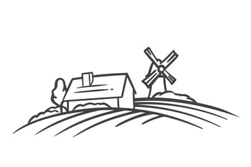 Farm house and windmill in plowed field, rustic scene line icon. Outline hand drawn village with barn or farmer building and wind mill. Countryside mascot, peaceful landscape icon vector illustration