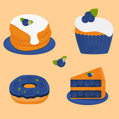 blueberry bakes. blueberry pancake, cupcake and donut