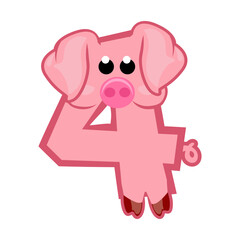 Cartoon number 4 like pink pig, figure Four. Cartoon of number with a animal concept. Calligraphy, lettering, typography for your Education cards or game