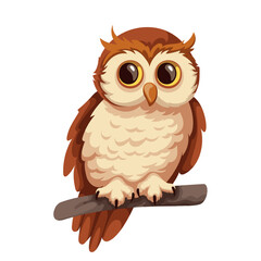 Cute cartoon little brown owl on tree branch nest. Funny adorable baby bird perching. Ornithology, animal in nature mascot, cartoon northern saw whet owl predator watching prey vector illustration