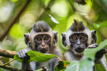 Obraz premium Two curious monkeys exploring lush greenery in a tropical forest during daylight