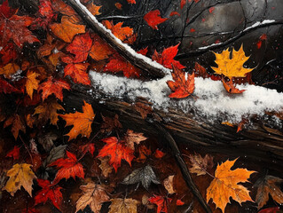 Bright orange, red, and yellow leaves beautifully contrast with fresh snow on a log, creating a picturesque autumn scene amid a quiet, wooded area.