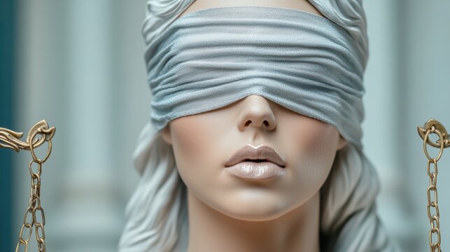 Blindfolded Lady Justice statue with scales symbolizes fairness and impartiality, AI
