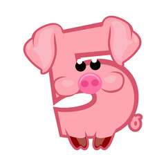 Cartoon number 5 like pink pig, figure Five. Cartoon of number with a animal concept. Calligraphy, lettering, typography for your Education cards or game