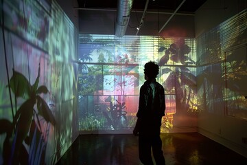 Visitor is enjoying an immersive video installation of a tropical landscape in an art gallery