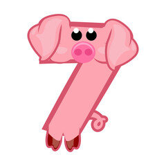 Cartoon number 7 like pink pig, figure Seven. Cartoon of number with a animal concept. Calligraphy, lettering, typography for your Education cards or game
