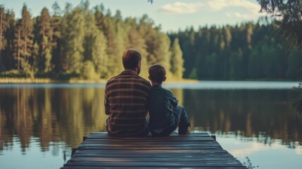 Father, boy and bonding by lake for travel, vacation and relax together in summer with back by dock. Man, child and relationship in nature for adventure, holiday and support while camping