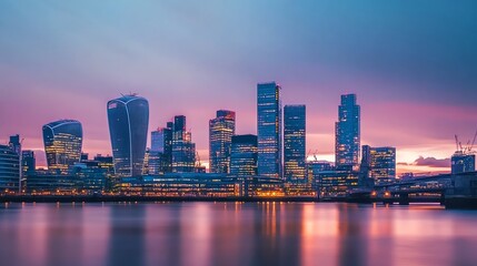 A cityscape at dusk with a river in the foreground.