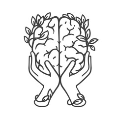Hands holding human brain with plant leaf line icon. Outline hand drawn sketch of mental health care and assistance, counseling. Training, mentorship mascot, brain growth icon vector illustration